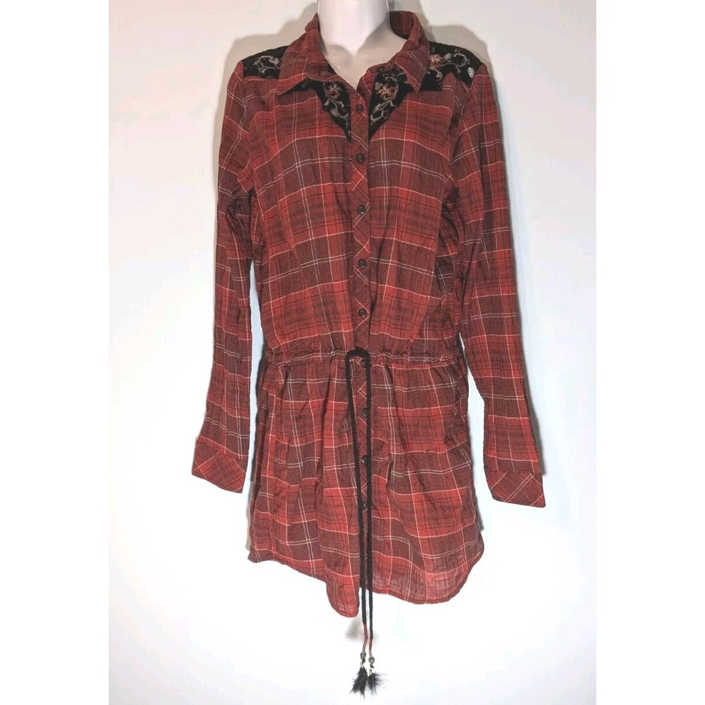 Miss Me Western Shirt Dress Womens Large Red Plaid Button Front Lace Inserts